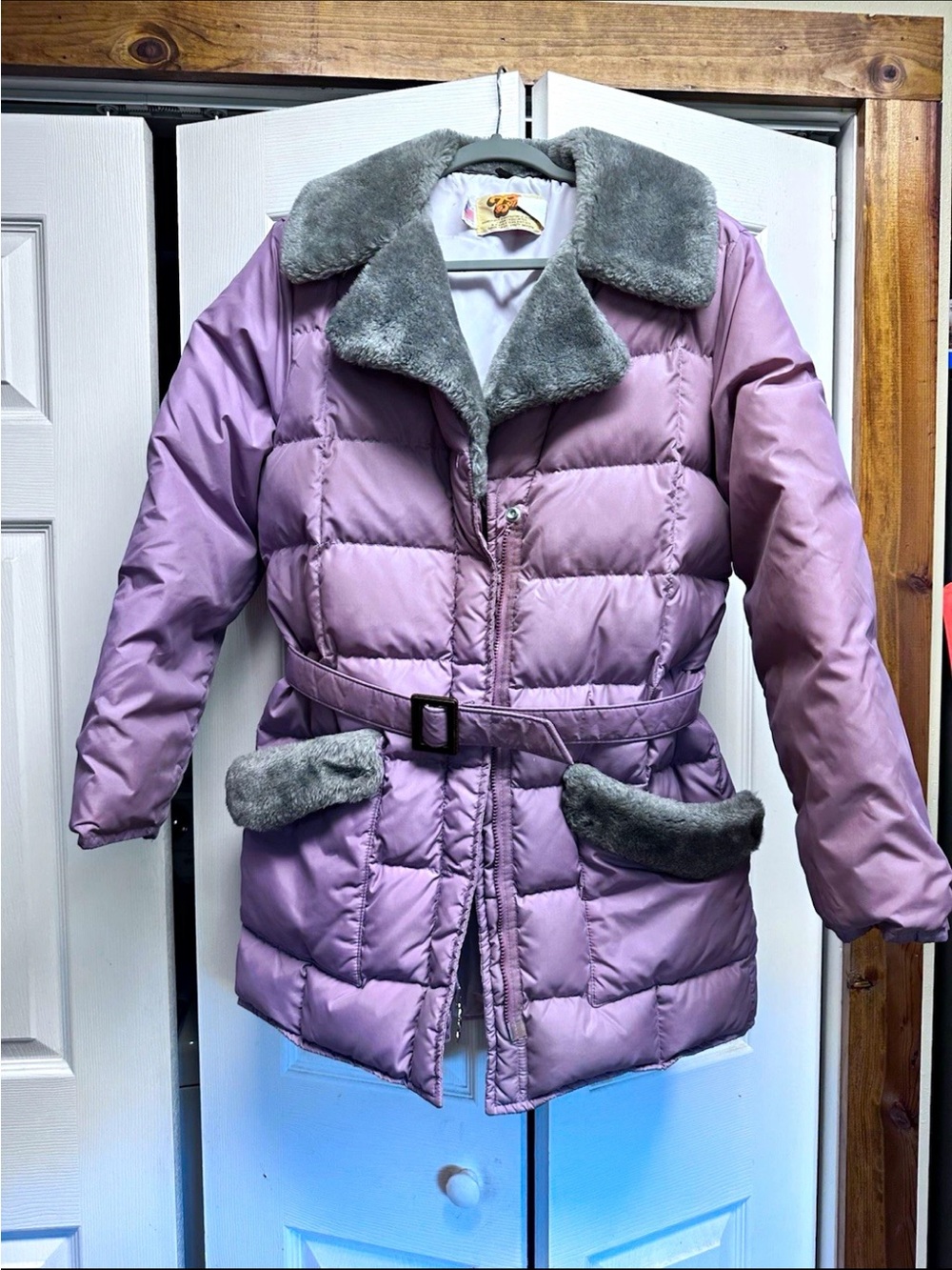 C.C Lavender Quilted Puffer Coat with Gray Faux Fur Collar & Pocket Trim